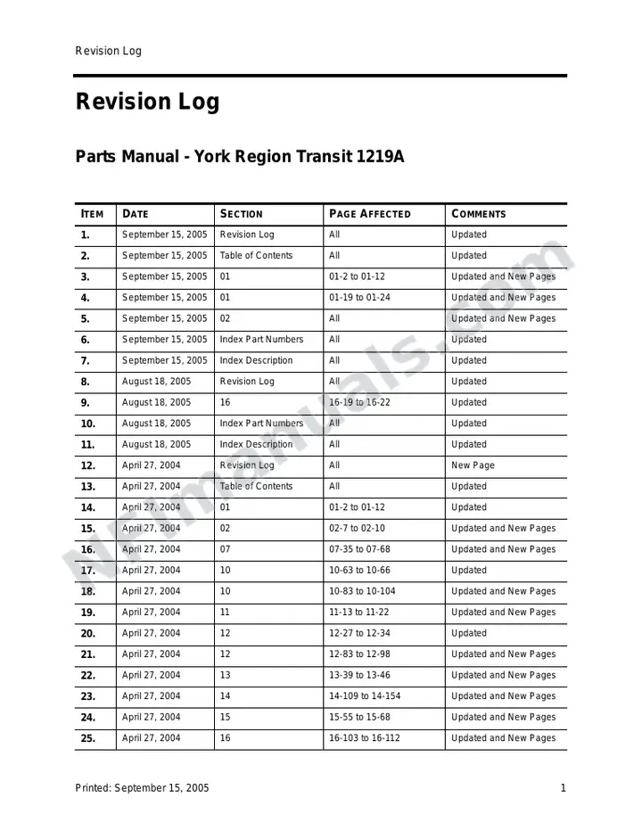 Orion Parts manual for York Region Transit watermarked first-page preview